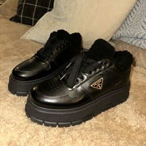 Prada Downtown Shearling-Lined Platform Sneakers - Authentic Size 6!!